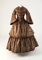 Vestido de seda marrón y crema con volantes tejidos à disposition, 1850s