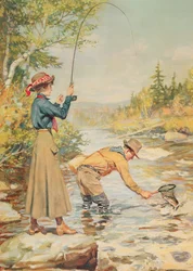 Pareja pescando en un río