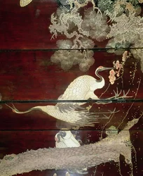 (detalle) de una pantalla de Coromandel mostrando garzas, 1619 (laca)