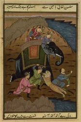 Emperador Akbar (1556-1608) en una cacería de tigres, del Akbarnama, Mughal, (texto ilustrado)