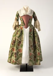Bata abierta de seda tejida en brocado verde y rosa, 1730s