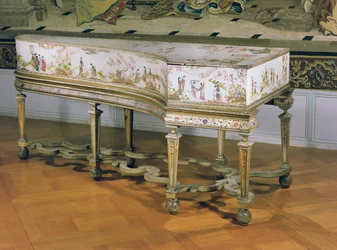 Clavicémbalo, figuras de Chinoiserie sobre fondo de laca blanca por el Taller Dagly, posiblemente Gerard Dagly, 1710