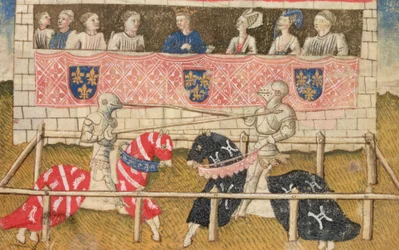 John Chalon de Inglaterra y Lois de Beul de Francia en justa, del Manuscrito de la Armería Real, 1448