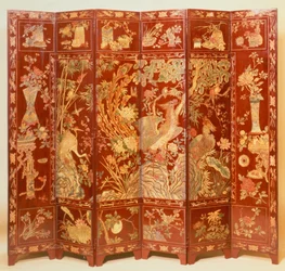 Escena pastoral, (pantalla de laca roja con chinoiserie dorada)