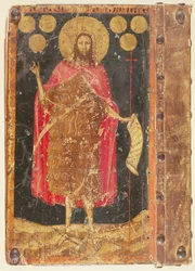 San Juan Bautista con florines de oro, de la portada de Constituciones y Estatutos del Gremio de Monederos, c.1380