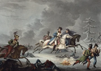 La huida de Bonaparte de la Batalla de Krasnoi, publicada el 1 de abril de 1815
