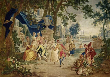 La fiesta del pueblo después de D.Teniers, tejida por LeClerc y J.van der Borg, finales del siglo XVII, escenario paisajístico probablemente diseñado por Lucas Achtschelling