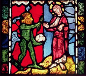 Ventana de la Catedral de Troyes que muestra la Tentación de Cristo en el Desierto, c.1225
