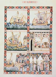 102-0625868/1 Viaje a Acre, ilustraciones de la Cantiga 172, una de las 420 composiciones musicales que narran los milagros de la Virgen, escrita en gallego para Alfonso X el Sabio (1221-84) (vitela)