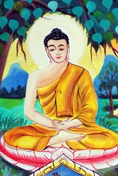 20151029, Vientiane, Laos: Templo budista Wat Inpeng. Pintura que representa la historia de la vida de Buda Shakyamuni. Buda sentado en la pose de meditación