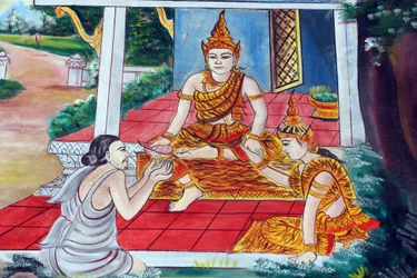 Templo budista Wat Inpeng. Los Cuentos Jataka son narraciones sobre las vidas anteriores del Buda (es decir, antes de que naciera por última vez para convertirse en el Buda), Vientián, Laos
