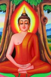 Templo budista Wat Si Muang. Pintura que representa la historia de la vida de Shakyamuni Buda. Buda sentado en la pose de meditación bajo el árbol Bodhi, Vientián, Laos