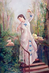 Una mujer del siglo XIX en un jardín con tórtolas, después de la pintura La Tórtola Madre, por Ramon Marti y Alsina, de 