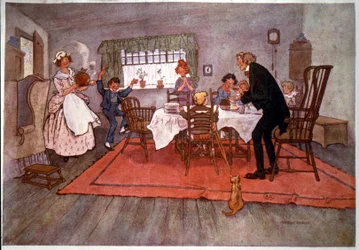 Una cena de Navidad en Inglaterra, ilustración de Will Owen, finales del siglo XIX