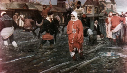Una calle de Moscú en el siglo XVII en un día festivo, pintura de A. Ryabushkin