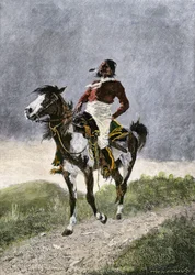 Un valiente comanche, viajando a caballo por las praderas del sur (Texas, Oklahoma, EE.UU.), hacia 1800. Litografía