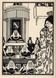 Una corte mayoritariamente femenina aparece al Barón como una ironía digna de mención entre sus aventuras. Ilustración de William Strang (1859-1921) y JB Clark del libro Las aventuras del Barón de Munchausen, de Rudolf Erich Raspe (1736-1794) (1789)