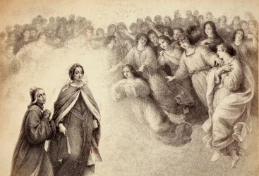 Una multitud de sombras se acerca a Dante y Beatriz. Ilustración del canto V del Paraíso de la Divina Comedia de Dante Alighieri. Obra de Francesco Scaramuzza dedicada al Municipio de Florencia.