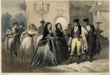Una escena galante en Mallorca (Mallorca, Mallorca), un joven ofrece una flor a una chica. en el libro sobre el Mediterranee de Louis Enault (1824-1900), periodista y viajero francés.