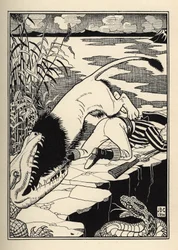 Un león que quería atacar al Barón de Munchausen terminó con un cocodrilo. Ilustración de William Strang (1859-1921) y JB Clark del libro Las aventuras del Barón de Munchausen, de Rudolf Erich Raspe (1736-1794) (1789)