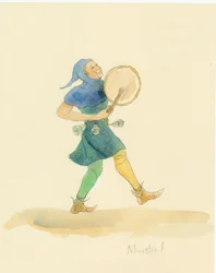 Reconstrucción de un juglar medieval tocando un instrumento de percusión, posiblemente un tabor.
