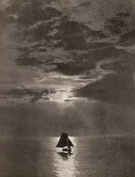 Un tramo de océano iluminado por la luna con un velero