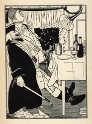 Una trompeta que se había congelado, produce sonidos por sí sola cuando se calienta, para la diversión y asombro de todos. Ilustración de William Strang (1859-1921) y JB Clark de Las aventuras del Barón de Munchausen (Munchhausen) de Rudolf Erich Raspe (17