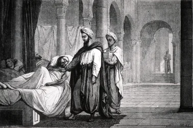 Abulcasis (936-1013) médico del califa Al-HakamII, en el hospital de Córdoba (España), grabado