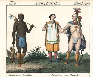 Hombre acadiano con el cuerpo tatuado y una pareja de indios nativos canadienses. Litografía para el libro: "Galerie complete en tableaux fideles des peuples d