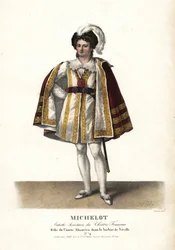 El actor Pierre Marie Nicolas Michelot como el Conde Almaviva en Le Barbier de Seville de Pierre Beaumarchais, Teatro Francés. Litografía coloreada a mano por F. Noel a partir de una ilustración de Alexandre-Marie Colin de Portraits d
