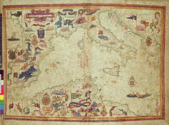 5415A adicional, ff.11v-12r: La costa del Mediterráneo desde el Estrecho de Gibraltar hasta Morea con el Adriático, c.1558 (vitela)
