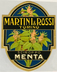 Etiqueta publicitaria para jarabe de menta Martini e Rossi
