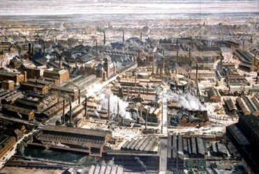 Vista aérea de la fábrica de Krupp en Essen, hacia 1920 (grabado)