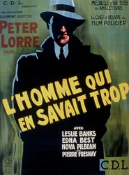 Cartel de la película El hombre que sabía demasiado de Alfred Hitchcock con Peter Lorre, 1934