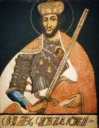 Alejandro Nevsky representado como un santo guerrero en un retrato de un artista desconocido de principios del siglo XVIII, Museo Estatal de Historia, Moscú.