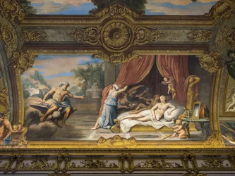 Alegoría del Fuego representando a Júpiter y Semele, Luis XIII (1601-1643) visitando a Ana de Austria (1601-1666) (concepción de Luis XIV). Pintura de la bóveda de la Galería dorada, por François Perrier (1594-1649)