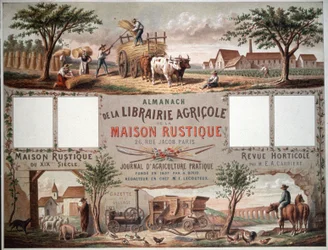 Almanaque que ilustra los métodos agrícolas tradicionales y modernos. c.1870-80 (litografía en color)