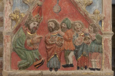 Retablo. piedra policromada. Segunda mitad del siglo XIV. Origen antigua iglesia parroquial de Torre de Rialb. (detalle) Registro medio. Panel izquierdo. Parte superior: los Santos Iscle y Victoria con los oficiales.