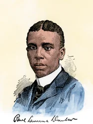 Poeta estadounidense Paul Lawrence Dunbar (1872-1906), con su autógrafo. Xilografía coloreada a mano de una ilustración del siglo XIX.