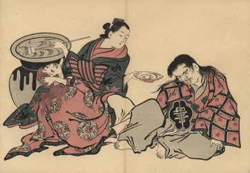 Una cortesana oiran jugando a dos shojo con sake de un enorme jarrón. Grabado xilográfico de Masanobu Okumura (1686-1764) de Fuzoku Emakimono, Picture Scroll of the Water Trade, Tokio, reimpresión de hacia 1880.