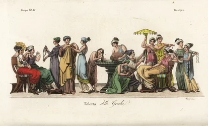 Mujeres griegas antiguas en su tocador: lavándose el cabello en una fuente, probándose ropa, arreglándose el cabello, admirando un collar, etc. Grabado en cobre coloreado a mano por Sasso después de una pintura de Pelagio Palagi del libro 