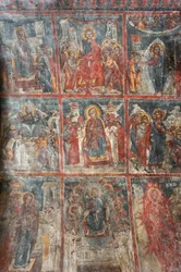 Antiguos frescos; pinturas murales que representan la vida de Jesús; Iglesia Panagia y Sotiras; iglesia ortodoxa griega; Roustika; Creta; Grecia; Europa