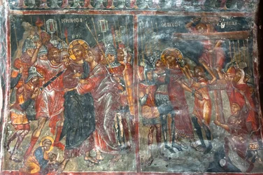 Frescos antiguos; pinturas murales; beso de Judas; crucifixión de Jesús; iglesia de Panagia y Sotiras; iglesia ortodoxa griega; Roustika; Creta; Grecia; Europa