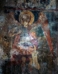 Ángel, fresco en la iglesia bizantina de Agios Constantinos y Agia Eleni, Voukolies, Creta, Grecia