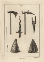 Armas asiáticas: hacha de batalla 1, daga 2, hacha de batalla Rohilla 3, cresse o kris indio 3, y frasco de pólvora oriental 5,6