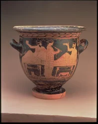 Crátera de campana de figuras rojas áticas decorada con una escena de simposio de dos figuras reclinadas y un flautista de pie, griego, c.440-430 a.C.