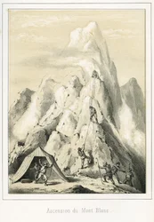 Avalancha en el Mont Blanc que causó la muerte de tres guías. Grabado «Cielo, tierra y mar» de R. Delasalle, hacia 1860