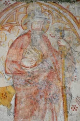 Avy, Iglesia Notre Dame. Mural del siglo XIV (Virgen y Niño rodeados, adorados por pelerines acompañados de sus Santos Patronos).