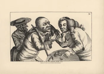 Toby en bancarrota y su esposa Doxy pidiendo queso y cerveza en una taberna. Grabado al cobre de Thomas Sanders a partir de una ilustración satírica de Timothy Bobbin (John Collier) (1708-1786) de Human Passions Delineated, John Haywood, Manchester.