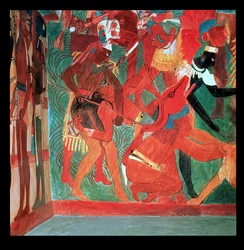 Escena de batalla representada en la sala 2 del Templo Pintado de Bonampak, maya, periodo clásico tardío, c.800 (pintura mural)